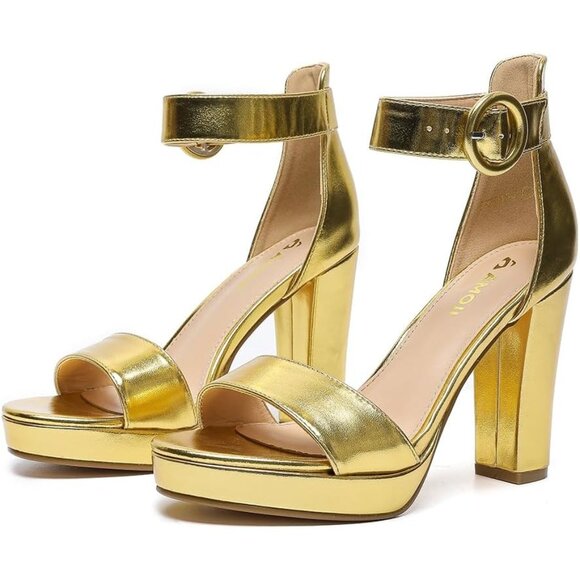 Amoji Women Pu-gold Faux Suede Open Toe High Heel Chunky Platform Sandals - Picture 4 of 7